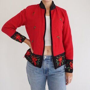 Vintage Tiara Intl Red Black Holly Cardinal Mistletoe Zip Up Christmas Sweater L